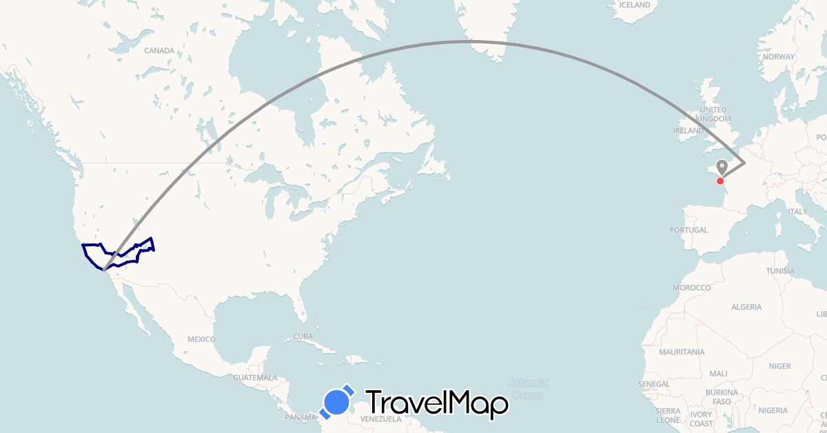 TravelMap itinerary: driving, plane, cycling, hiking in France, United States (Europe, North America)